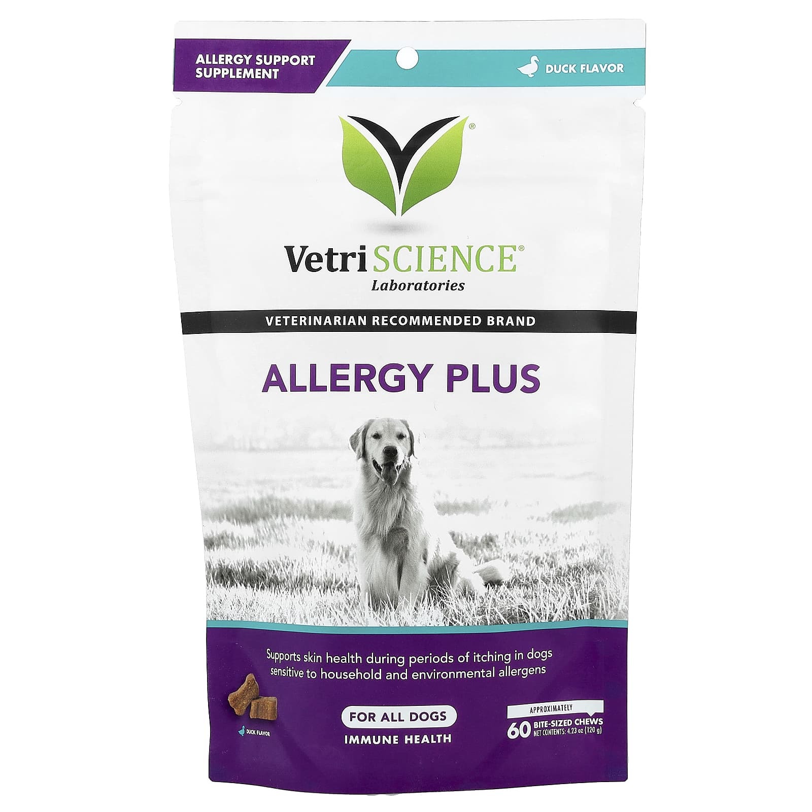 VetriScience Allergy Plus Immune for Dogs - Duck Flavor 75 жев.таб. имунная добавка  от аллергии для собак,вкус утки  (США)