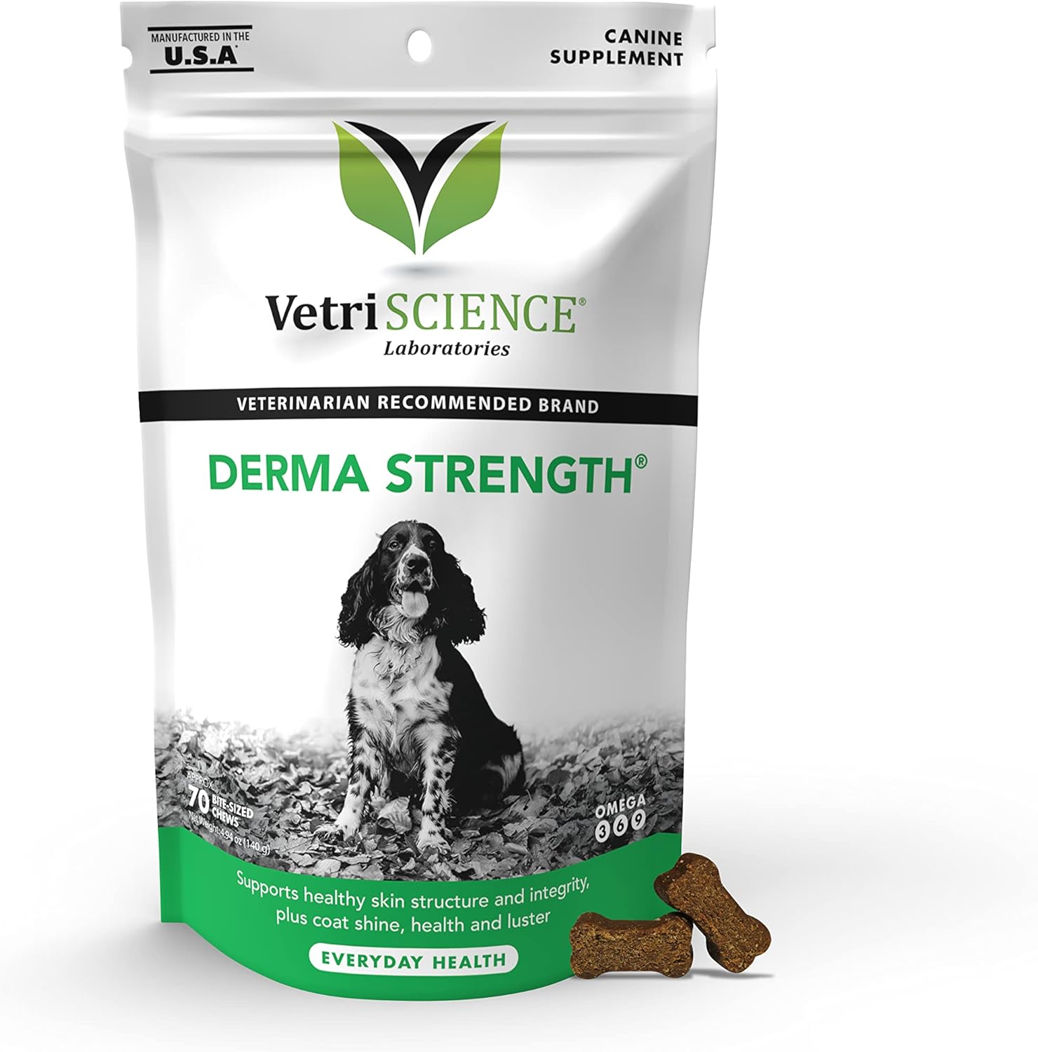 VetriScience Derma-Strength Healthy Skin & Coat Chews (70 жеват.таблеток) - для собак витаминная добавка для шерсти и кожи : здоровье кожи, рост шерсти, рыбий жир и витамин E,  (США)