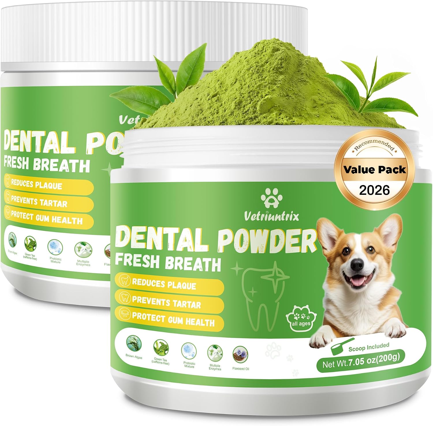 Vetriuntrix Dental Powder for Dogs Teeth Cleaning and Breath Fresh, Порошок для очистки зубов и освежения дыхания у собак, с натуральными растительными ингредиентами и постбиотиками. 200 гр (США)