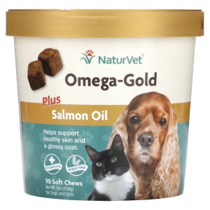 NaturVet Omega-Gold Plus Salmon Oil Soft Chews Skin & Coat Supplement for Dogs. Добавка для кожи и шерсти для собак. Мягкие жевательные таблетки 180 шт.(США)