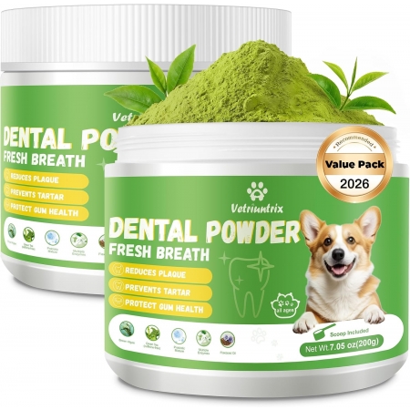 Vetriuntrix Dental Powder for Dogs Teeth Cleaning and Breath Fresh, Порошок для очистки зубов и освежения дыхания у собак, с натуральными растительными ингредиентами и постбиотиками. 200 гр (США)